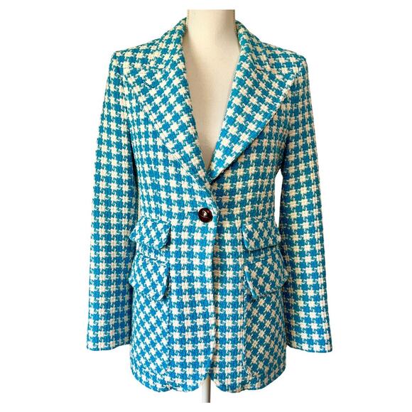Smythe Birkin Blazer Topaz Blue Houndstooth Tweed Jacket Made in Canada Size 8 - Picture 3 of 10